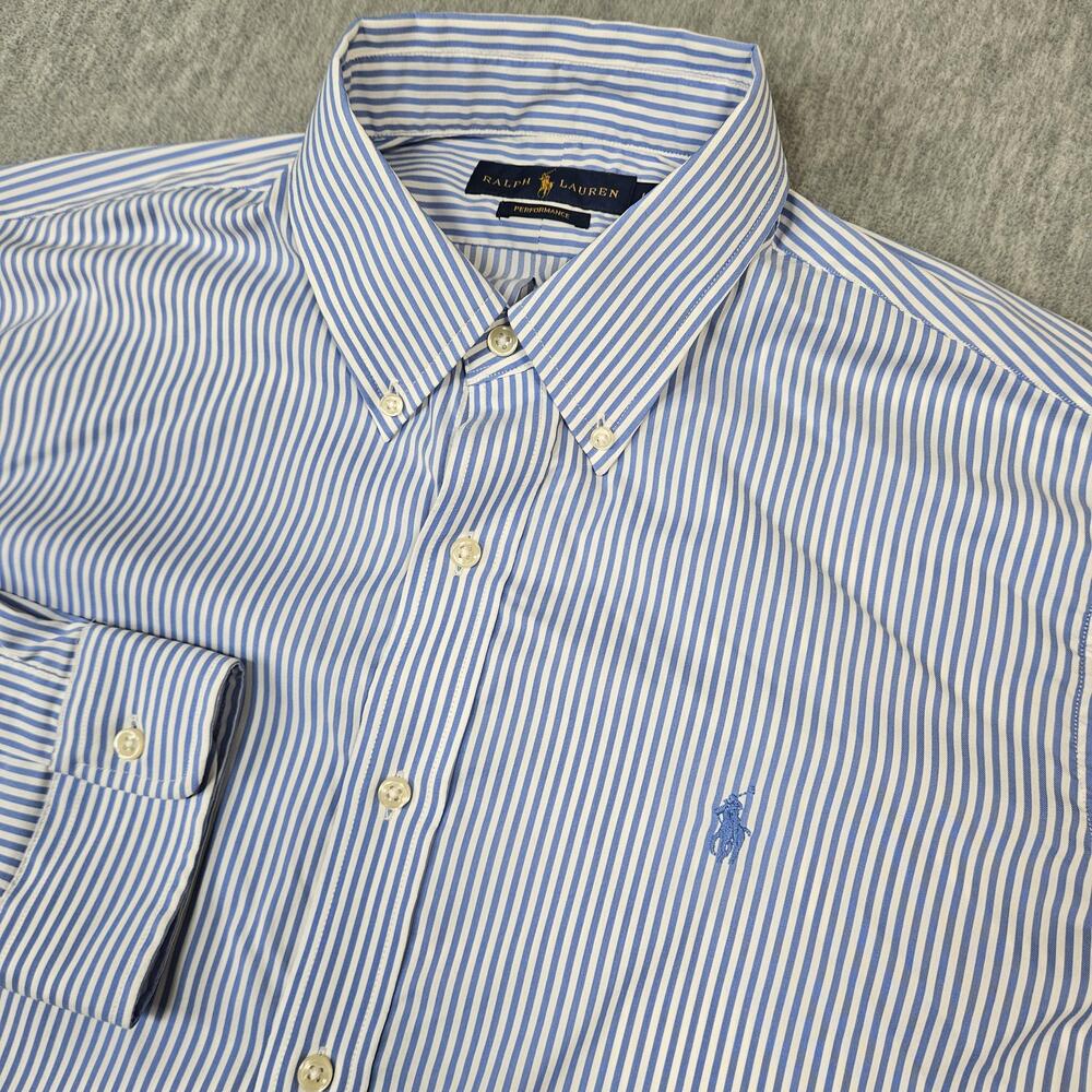 Ralph Lauren Shirt Mens L Blue Striped Performance Button Up Long Sleeve